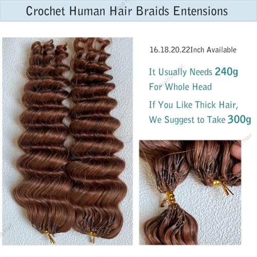 Deep Wave Crochet Human Hair Extensions Brazilian Virgin Feather Human Hair Bundles Pre Separated Braiding Hair Pre Looped for Boho Braids For Black Women Walnut Hair #30 Hair Color 16inch 60g