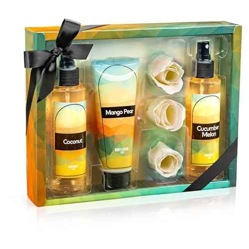 Fine Fragrance Body Mist & Body Splash Gift Set ? Luxury Self-Care Combo for Women and Girls (Coconut, Cucumber, Mango Pear, Rose Soap)