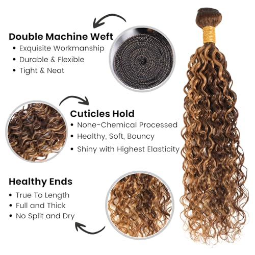 ALHER Honey Blonde Highlight Water Wave Bundles 26 Inch P4/27 Ombre Single Bundles Wet and Wavy Bundles Human Hair Highlight Brown Color 12A 100% Brazilian Virgin Remy Hair for Black Women Soft Thick