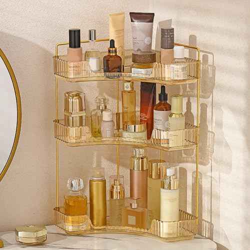 Aveniee Corner Bathroom Counter Organizer, Bathroom Countertop Shelf Makeup Organizer for Vanity Perfume Tray for Corner Storage (3 Tiers, Gold)