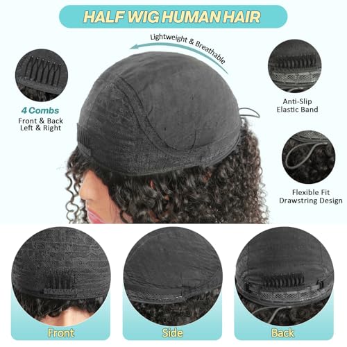 Kinky Curly Half Wig Human Hair 200% Density 24 Inch 3 In 1 Seamless Flip Over Drawstring Ponytail Headband Wig Human Hair Glueless Wear and Go 100% Human Hair Burmese Kinky Curly Half Wigs (24 inch)