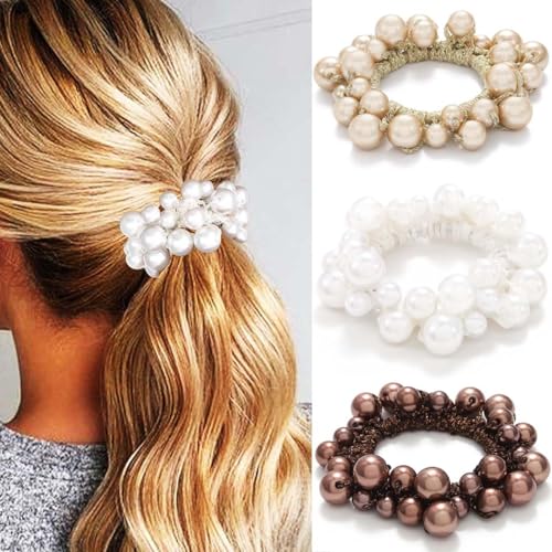 Fashey Pearl Hair Ties Beaded Ponytail Holder Fancy Scrunchies Decorative Hair Accessories for Women