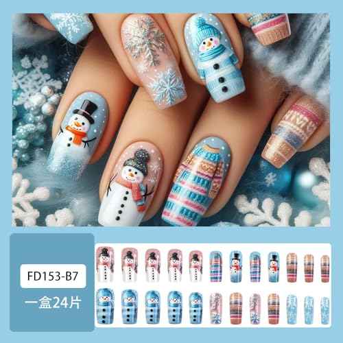 Christmas Press on Nails Medium Square Blue Fake Nails with Snowman Snowflake Designs Cute Winter Nails Press ons Gel Acrylic Glue on Nails Medium Length Holiday Stick on Nails for Women Girls 24Pcs