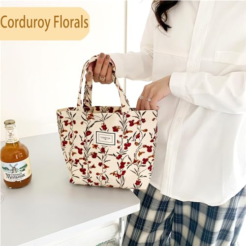 2PCS Small Tote Bag for Women Mini Canvas Embroidered Daisy Book Tote Bag Cute Corduroy Aesthetic Floral Reusable Bags for Grocery, Essentials, Water Bottle, Keys, Book, Bible