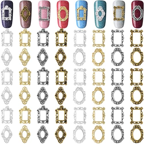 48pcs 3D Metal Nail Charms, Frame Gothic Nail Art Charms, Retro Gold Silver Nail Jewels Art Decoration for Women Girls Acrylic Nail DIY Craft Design Manicure Accessories