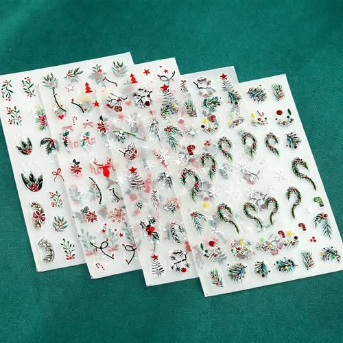 4 Sheets Christmas Nail Art Stickers 5D Embossed Self Adhesive Winter Grass Nail Decals Winter Christmas Tree Elk Snowflake Design Nail Stickers for Women Girls DIY Holiday Manicure Decoration