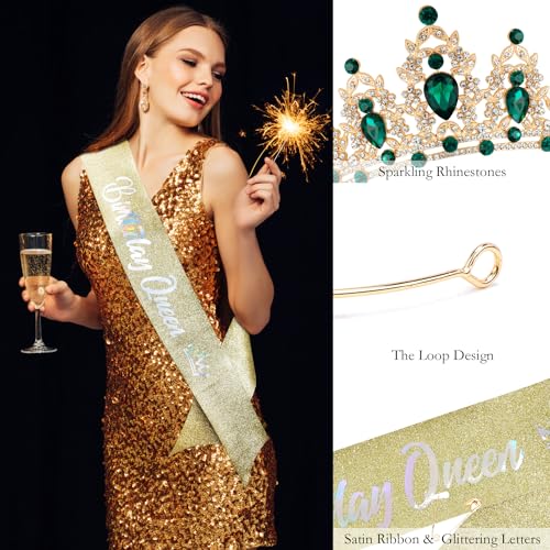 Green Birthday Crown and Sash Tiara for Women and Girls, Crystal Rhinestone Tiara for Birthday Party, Wedding, Quinceanera, Prom, Festival, EF8277