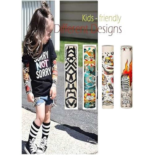 Kids Tattoo Sleeves for Boys Grils, Temporary Arm Tattoo Sleeves for Children, Fake Slip On Sunscreen Cooling Arms Sleeves,10 Pcs, Aged 5,6,7,8