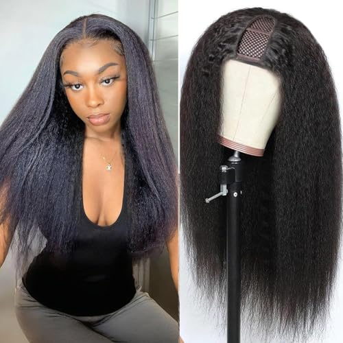Selina Hair U Part Human Hair Wig Kinky Straight 22 Inch Brazilian Half Wig Upgraded U Shape Clip in Human Hair Wigs Yaki Straight Glueless Wigs Natural Color