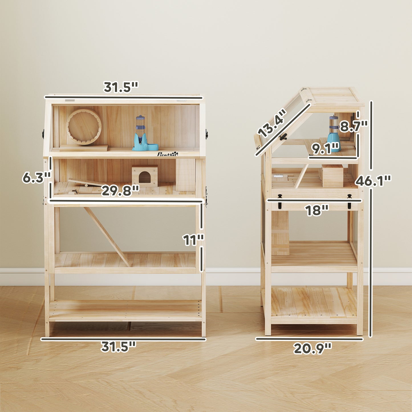 Wooden Hamster Cage with Detachable Floors & Accessories - Natural Wood