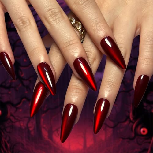30Pcs Red Press on Nails Halloween Cute Glitter Fake Nails Medium Almond Nails Press on Solid Color False Nails Glossy Acrylic Stick on Nails Reusable Glue on Nails for Women Girls