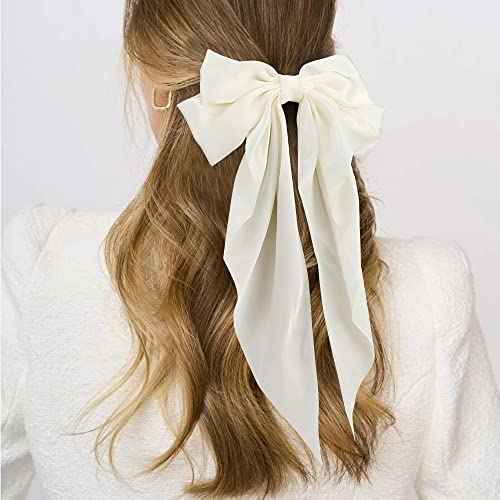 Silky Satin Hair Bows 2Pcs Big Hair Bows for Women Hair Ribbons Oversized Long Tail White Hair Bow Black Hair Bow Large Hair Ribbon Barrettes Metal Clips Bowknot Aesthetic Hair Accessories
