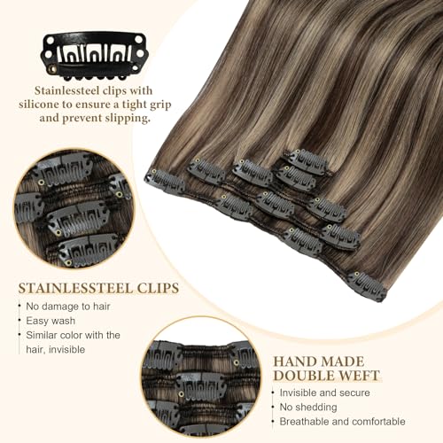 Clip in Real Human Hair Extensions for Women Straight Long Natural Clip on Real Human Hair Extensions Double Weft Chocolate Brown To Caramel Blonde Remy Brazilian Clip ins Hair 22 Inch 60G 5 PCS