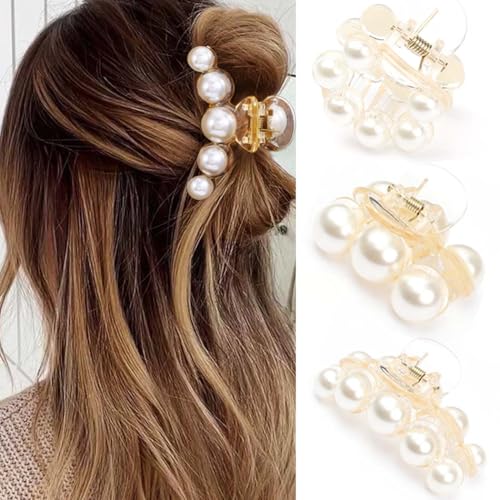 BARTOSI Pearl Claw Clips Cute Small Hair Clips Nonslip Hair Claw Barrettes Hair Accessories for Women and Girls (Pack of 3)