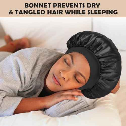 2Pcs Silk Bonnet for Sleeping, Satin Hair Bonnets, Soft Elastic Band Silk Sleep Cap, Hair Wrap for Women (Black Gold)