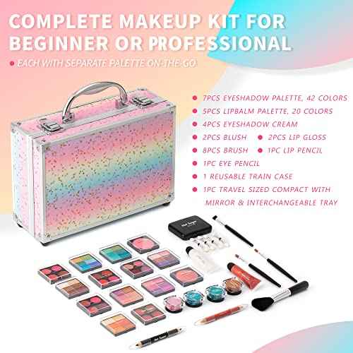 Hot Sugar Makeup Kit for Teenager Girls - Full Starter Cosmetics Set with Eye Shadow Lip Balm Blush Lip Gloss Brush Lip Pencil Eye Pencil and Mirror (Rainbow)