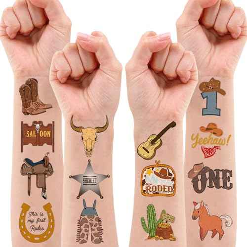 96PCS First Rodeo Pre-cut Temporary Tattoos 8 Sheets Cowboy 1st Party Decorations Favors Supplies Western Theme Birthday Cute Stickers Christmas Gifts Boys Girls Class School Prizes (Normal)