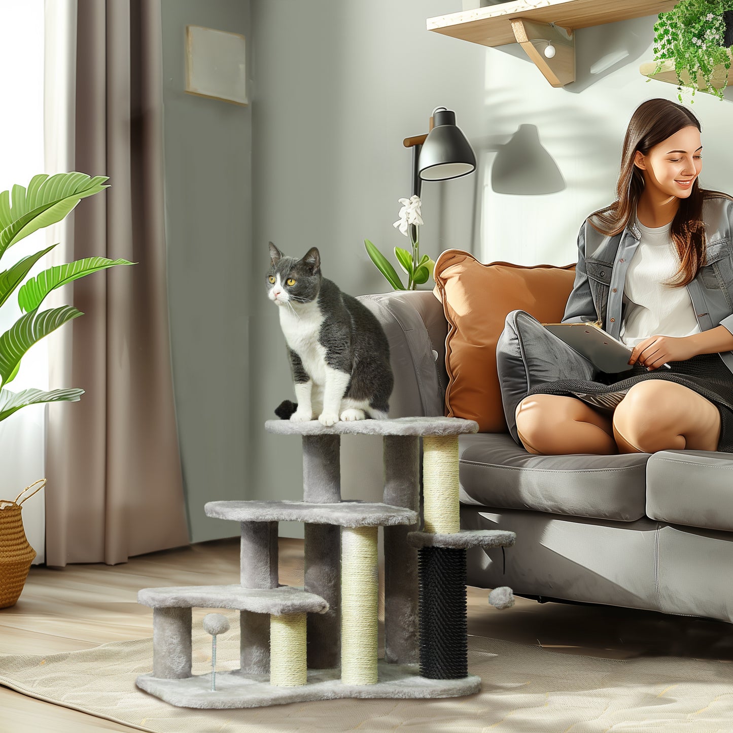 2-in-1 Cat Tree Tower with Scratching Posts and Toy Balls - Light Gray