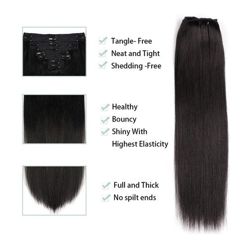Straight Clip in Hair Extensions for Black Women Clip in Hair Extensions Real Human Hair,8pcs Per Set with 18Clips Double Lace Weft,120Gram,100% Real Soft Human Hair Natural Black (26Inch, #1B)