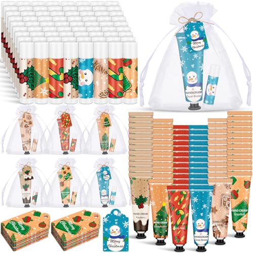 Loopeer 72 Sets/288 Pcs Christmas Hand Cream and Lip Balm Gift Set for Women Bulk Mini Hand Lotion Travel Size for Dry Skin Stocking Stuffers with Greeting Card Organza Bags for Coworker Employee