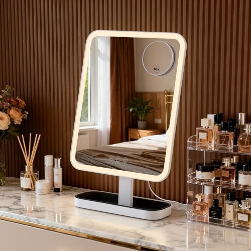 Hollywood Vanity Mirror with Lights: 15"x12" Large Lighted Makeup Mirror, Smart Touch with 3-Color Lighting, Dimmable, 30¡Æ Rotation Led Light up Mirrors with Storage - Plug in, White