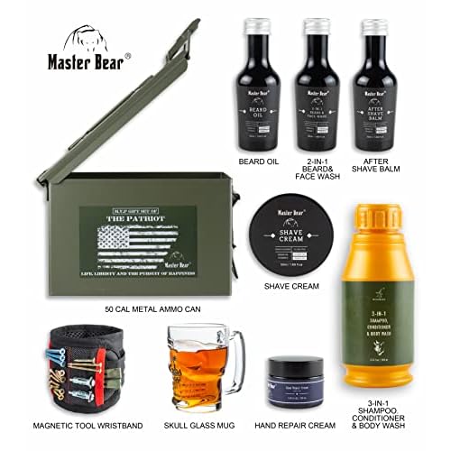 Gift for Men | 50 Cal Metal Ammo Cans Gift Box Shaving Grooming Set Collection for Him | Fathers Day Holiday Christmas Gift Ideas with Glass Skull Beer Mug, Magnetic Wristband, Hand Cream, Body Wash
