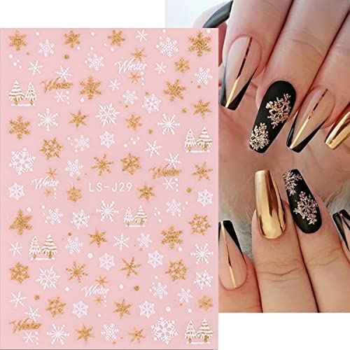 6 Sheets 3D Snowflakes Nail Art Stickers Self-Adhesive Nail Art Supplies Christmas Nail Stickers White Gold Design Shiny Frosted French Stripe Elk Xmas Tree Winter Nail Decals for Women DIY Nail Decor