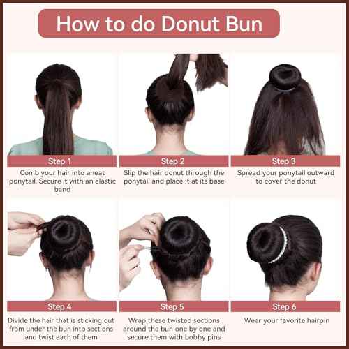 YaFex Hair Bun Maker Kit, Donut Bun Maker 4 Pieces (Large, Medium and Small), 6 Pieces Elastic Hair Ties, 20 Pieces Hair Bobby Pins, Brown