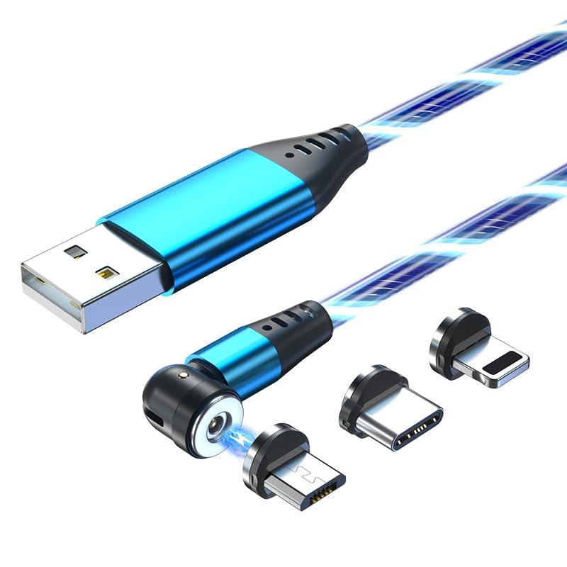 1M Luminous Blue 3-in-1 540° Rotate - Reflex Power Magnetic Charging Cable with Lightening/Micro USB & Type-C, 2.4A Fast Charge, Durable TPE, 360°/180° Rotating Magnetic Design - Blue Glow