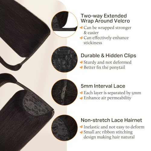 DOORES Hair Extensions Ponytail Extension Clip in Dark Brown 18 Inch 80g Hair Extensions Ponytail Hair Extensions Wrap Around Remy Human Hair Ponytail with Magic Paste Straight