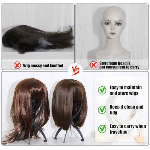 obeoby Wig Stand, Portable Wig Holder Wig Head Stand for All Wigs Travel Wig Hair Stylist Gifts for Women(black (2 pack))