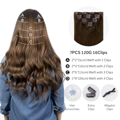 Clip in Hair Extensions Real Human Hair, 100% Remy Chocolate Brown Hair Extensions for Long Hair, Tangle-free&Shedding-free, #4 20Inch 120G 7PCS