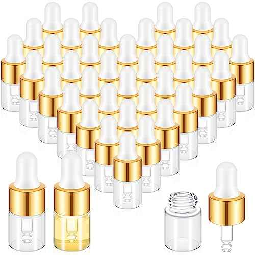 100 Pcs Mini Glass Oil Dropper Bottle Bulk, Clear Essential Small Empty Bottles Sample Containers Perfume Liquid Vials with Cap for Traveling (2 ml,Gold)