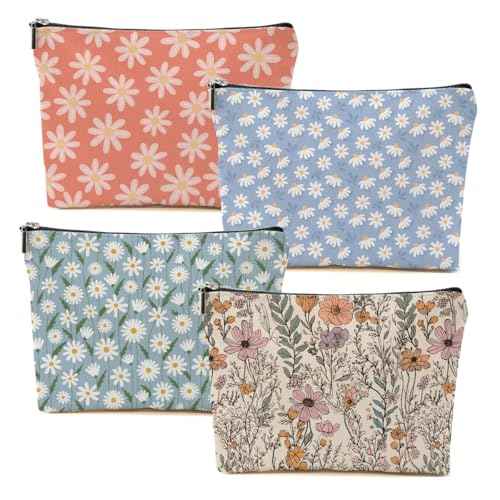 4pcs Vintage Floral Makeup Bag, Daisy Flower Cosmetic Bag Garden Gifts for Women Female Girls Sister BFF Nature Lover, Travel Zipper Pouch Christmas Thanksgiving Birthday Gifts