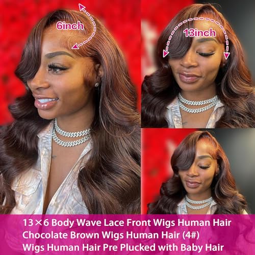 13x6 Chocolate Brown Body Wave Lace Front Wigs Human Hair Pre Plucked 180% Density HD Lace Frontal Wigs with Baby Hair Glueless Brown Wigs for Women 22Inch