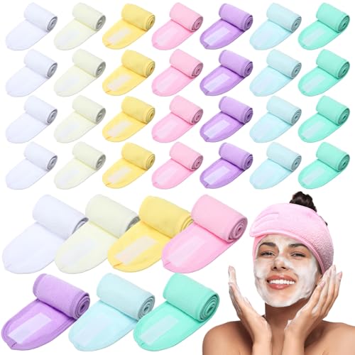 35 Pack Spa Facial Headband for Women Adjustable Face Wash Makeup Stretch Flannel Headband Bulk with Tape for Women Hair Wrap Towel Skincare Facial Mask Bath and Sport, Macaron Color
