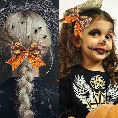 Glitter Halloween Pumpkin Hair Bow Clips for Women Girls, Sparkly Orange Fall Cheer Alligator Hairpins Big for Kids Thanksgiving Party Costume Decor Accessory Gift (A)