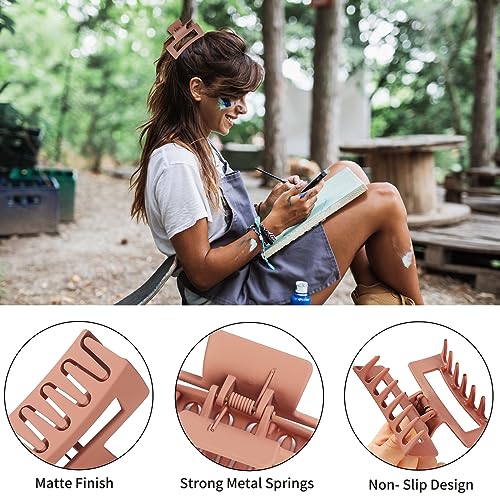 Hair Clip, 3.5 Inch Medium Square Claw Clips Rectangle Clips 6 Pack Rubber Paint Acrylic Plastic Metal, Non-Slip Design for Women Girls - Coffee