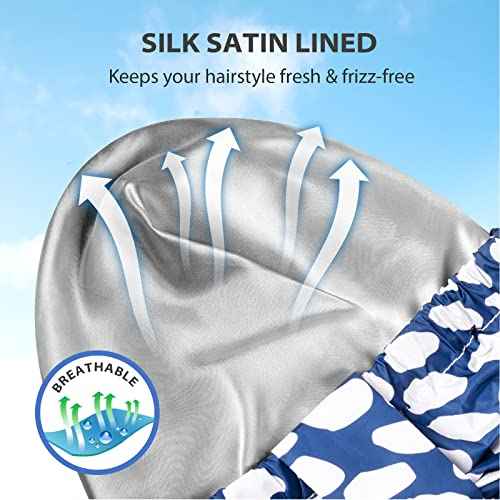 INNELO Luxury Shower Cap for Women Reusable Waterproof, Double Layered Shower Hair Cap with Adjustable Elastic Strap, Large Satin Lined Shower Bath Cap for Long Curly Straight Hair, Blue