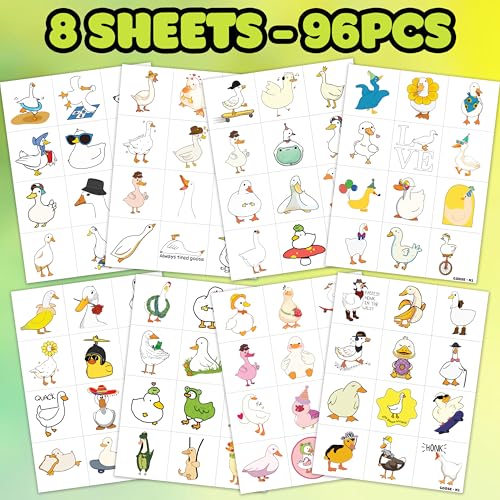 Duck Pre-Cut Temporary Tattoos 8 Sheets 96 PCS Silly Goose Party Decorations Supplies Favors Geese Animals Theme Birthday Cute Stickers Christmas Gifts for Boys Girls Class School Carnival (Normal)