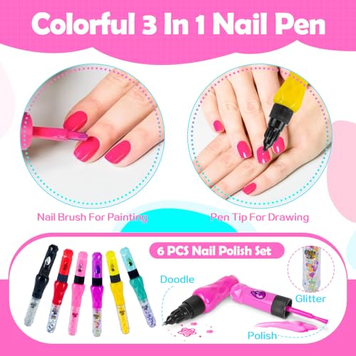Kids Nail Polish Set for Girls,Kids Nail Art Kit for Girls Ages 7-12 Years Old Cool Girly Gifts with Nail Polish, Pen, Nail Dryer, Stickers, Glitter, Makeup Gift for Birthday
