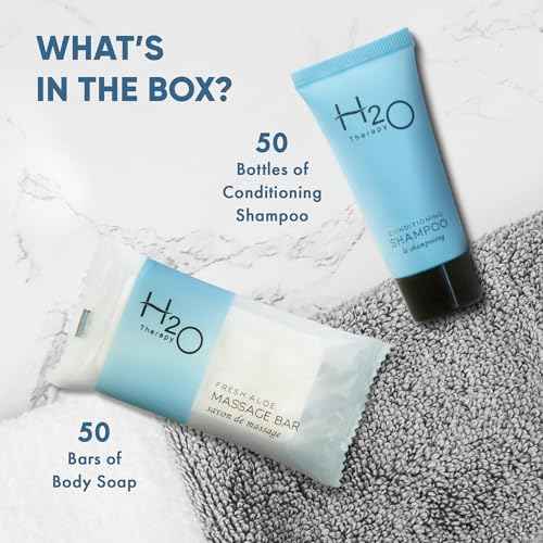 H2O Therapy Bulk Set | 1-Shoppe Amenities Kit for Hotels & Vacation Rentals | 1 oz Massage Bar & 0.85 oz Conditioning Shampoo Travel Size Tube | 100 Pieces