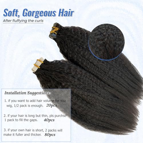 Black Tape in Extensions Real Human Hair 24 Inch Kinky Straight Tape in Hair Extensions Human Hair Black Women 40PCS 100G Invisible Natural Black Kinky Straight Human Hair Tape ins