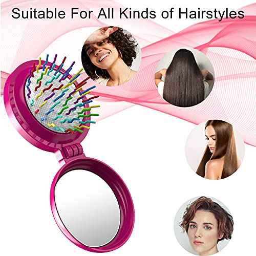 Hair Brush, 8 Pcs Folding Travel Mirror Hair Brushes Round, Compact Portable Hair Brush with Mini Mirror for Women Girls