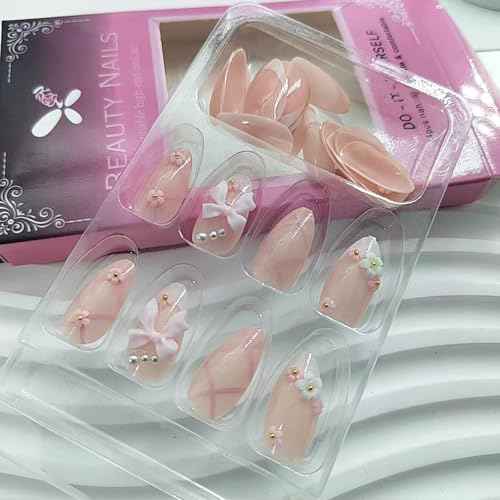 White French Tip Press on Nails Short Almond Fake Nails with Bow Pearl Flower Charm Designs Light Pink Full Cover Glue on Nails Press ons Cute Acrylic False Nails for Women Girls 24 Pcs