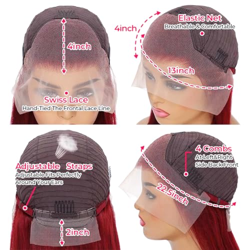 99j Burgundy Lace Front Wigs Human Hair 26 Inch 13x4 Straight HD Lace Front Wig Pre Plucked Wine Red Colored Glueless Lace Frontal Human Hair Wigs for Women