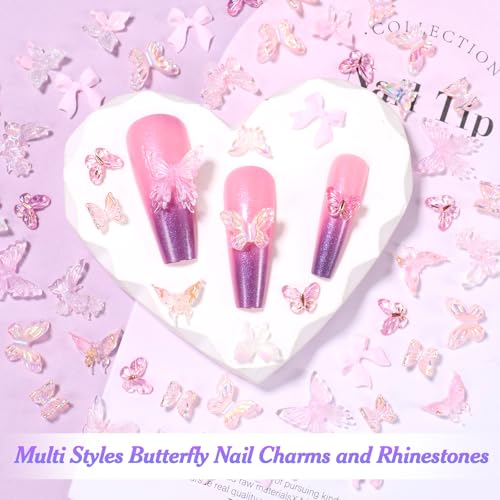 3D Pink Butterfly Nail Charms, Multi Styles Bow Tie Nail Charms and Rhinestones, Summer Butterfly Nails Bow Half White Pearls Charms for Acrylic Nails Art DIY Acessories