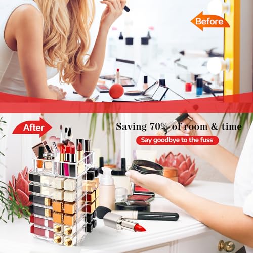 Acrylic Lipstick Tower Holder, 360 Degree Rotating Makeup Cosmetic Lipsticks Organizer with 53 Slots, Spinning Lipgloss Storage Display Stand Holder