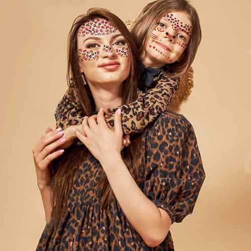 8 Sheets Gold Glitter Leopard Face Temporary Tattoos Stickers, Glitter Fake Cheetah Face Whisker Tattoos Stickers for Halloween Costume Makeup for Kids Adults Women Men