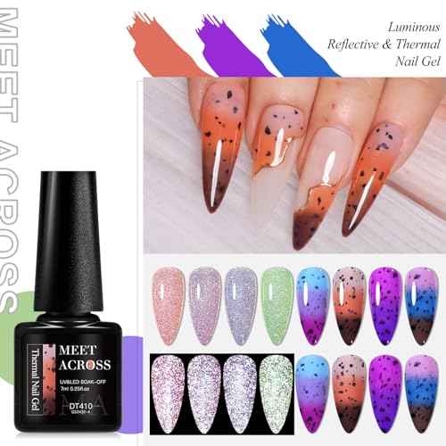 MEET ACROSS Gel Nail Polish Set, 8 Colors, UV/LED Soak Off (Luminous Diamonds + Eggshell Warming Gel, 8pcs)
